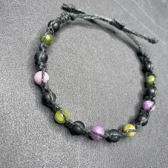 HANDMADE Purple Lepidolite, Matte Black Onyx, & Green Jade beads with Black Hemp - Picture 3 of 6